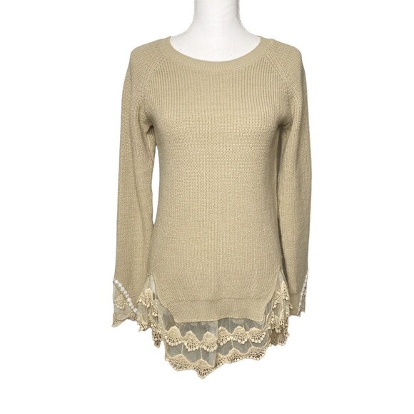 Womans Knit Tunic Lace Crochet Ruffle Hem Beige Sweater SZ ? M Embroidered  Boho - Picture 1 of 11